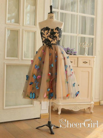 Sweet Heart Neckline A Line Homecoming Dresses Nude Satin Colorful Butterflies Appliqued Short Prom Dresses ARD2462-SheerGirl