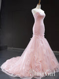 Sweet Heart Pleated Bodice Flower Formal Dresses Blush Pink Tulle Roses Mermaid Prom Dress ARD2472-SheerGirl