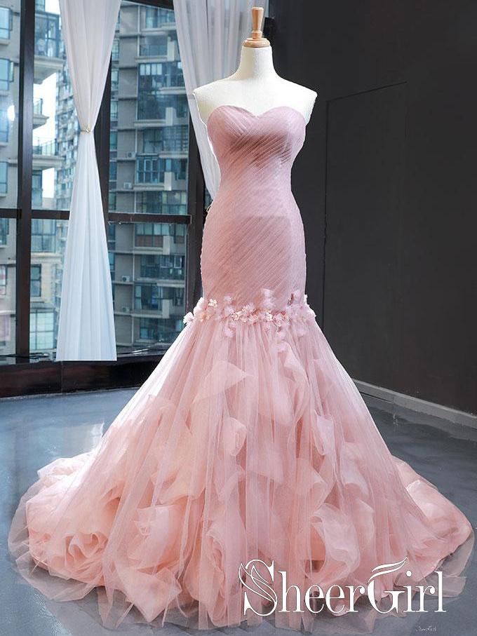 Sweet Heart Pleated Bodice Flower Formal Dresses Blush Pink