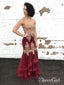 Sweetheart Burgundy Lace Mermaid Prom Dresses Muti-Layered Organza Evening Ball Gowns APD3414