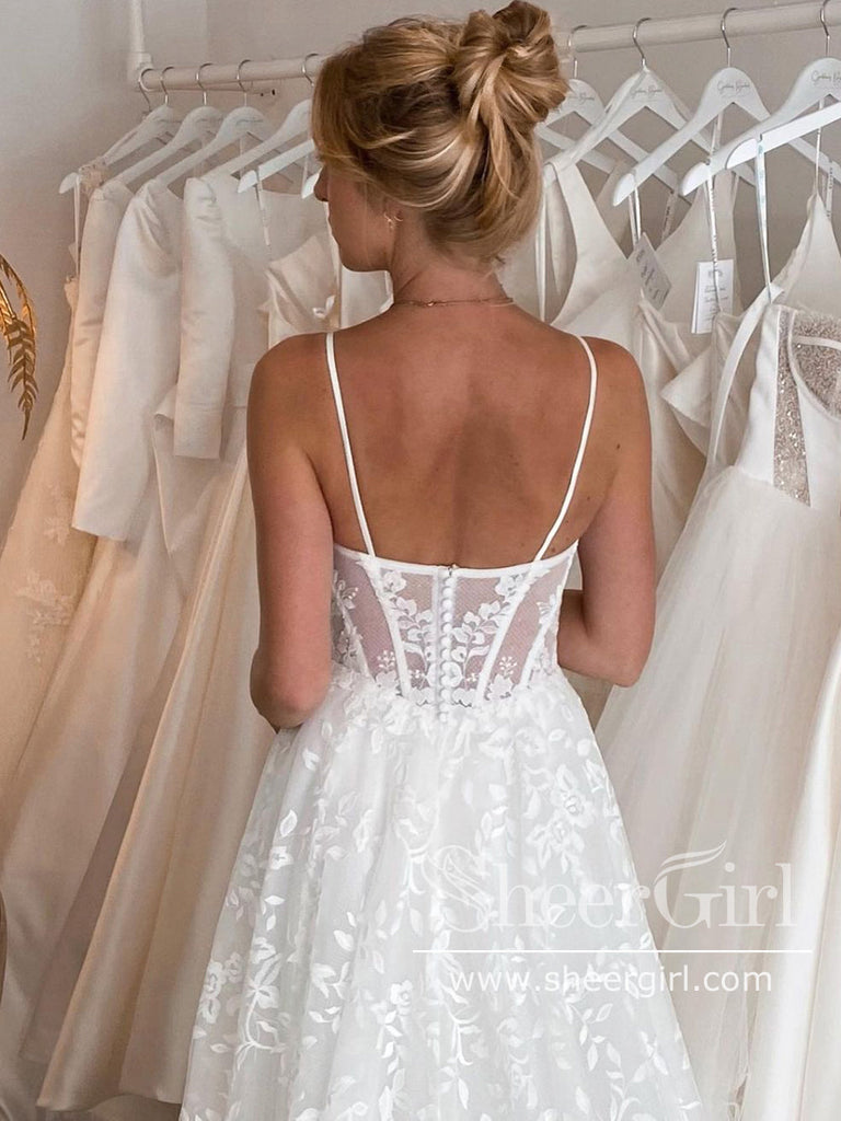 Lace Beach Wedding Dress Spaghetti Straps V-Neck with Detachable Train –  Okdresses