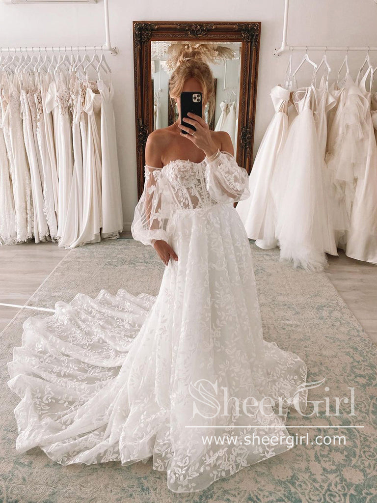 Sweetheart Neck Ball Gown Lace Wedding Dress with Detachable Puff Sleeves AWD1913-SheerGirl