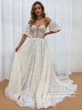 Sweetheart Neck Ball Gown Polka Dots Wedding Dress with Detachable Puff Sleeves AWD1914-SheerGirl