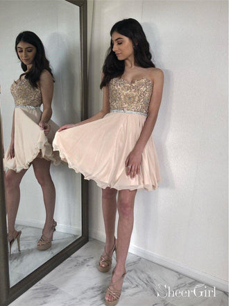 Sweetheart Neck Beaded Nude Homecoming Dresses Short Prom Dress ARD1354-SheerGirl