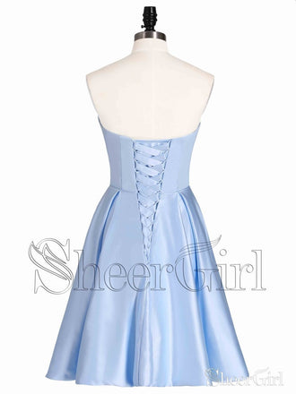 Sweetheart Neck Corset Back Sky Blue Short Homecoming Dresses with Pocket ARD1607-SheerGirl