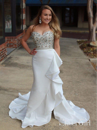 Sweetheart Neck Ivory Mermaid Prom Dresses High Low Beaded Formal Dresses APD3406-SheerGirl