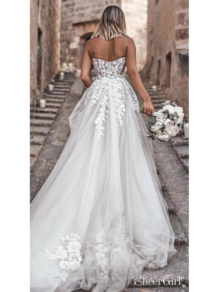Sweetheart Neck Lace Rustic Wedding Dresses Long Tulle Beach Wedding D –  SheerGirl