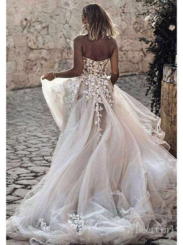 Sweetheart Neck Lace Rustic Wedding Dresses Long Tulle Beach Wedding D ...