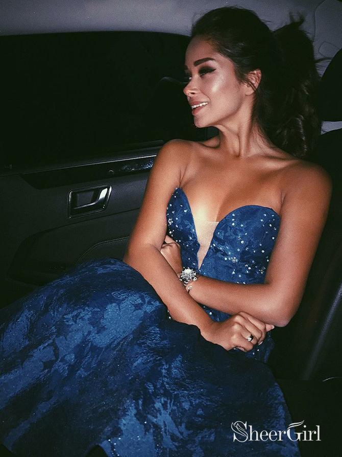 navy blue sweetheart neckline dress Strapless Corset Long Navy Blue Prom Dress with Slit Navy Blue / 4