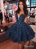 Sweetheart Neck Navy Blue Lace Homecoming Dresses Beaded Short Prom Dress ARD1588-SheerGirl