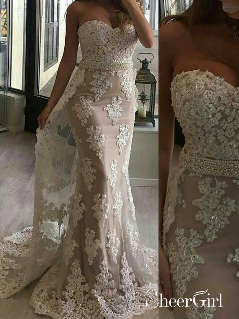 Sweetheart Neck Nude Ivory Lace Beaded Mermaid Prom Dresses SWD010-SheerGirl