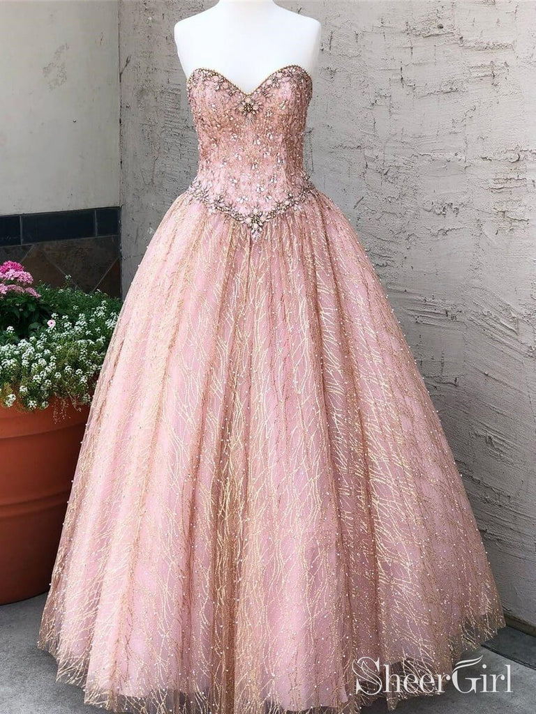 Sweetheart Neck Pink Quinceanera Dress Beaded Lace Prom Dresses ARD1960-SheerGirl