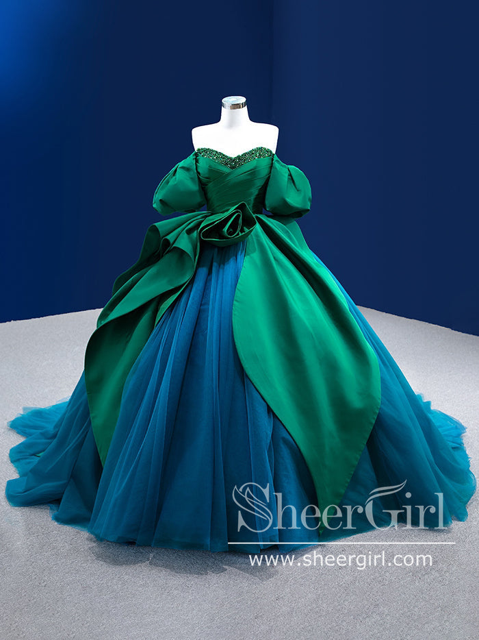 Sweetheart Neck Puff Sleeves Ball Gown Court Train Prom Dress with Drama Rose ARD2848-SheerGirl