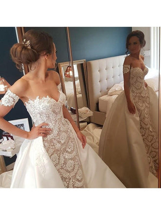 Sweetheart Neck Sheath Lace Wedding Dresses with Detachable Court Train AWD1243-SheerGirl