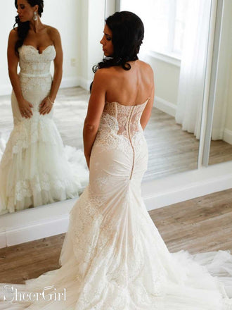 Sweetheart Neck Vintage Ivory Lace Wedding Dresses Sexy Mermaid Wedding Dresses AWD1090-SheerGirl
