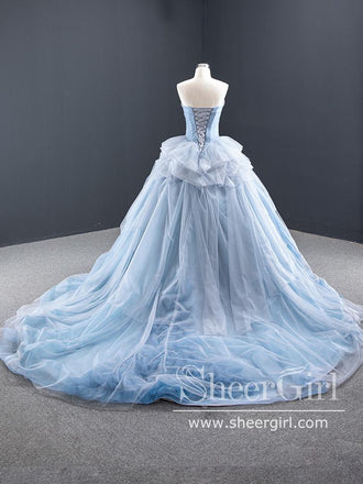 Sweetheart Neckline Ruffled Tulle Ball Gown Court Train Prom Dress with Corset Back ARD2642-SheerGirl