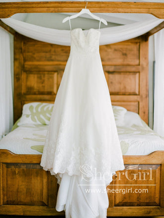 Sweetheart Neckline Strapless Lace Bodice Rhinestone Decorated Court Train Wedding Dress AWD1740-SheerGirl