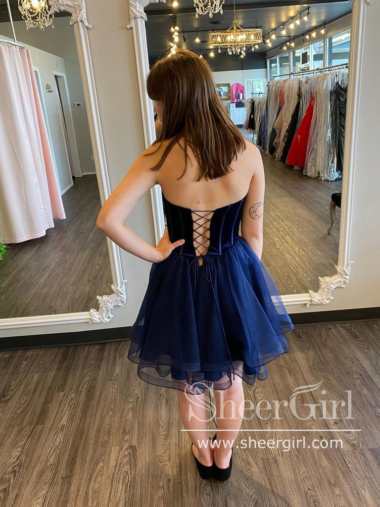Sweetheart Neckline Velvet Bodice Homecoming Dresses Lace Up Short Prom Dress ARD2633-SheerGirl