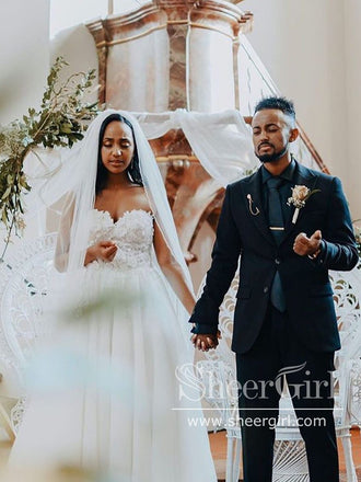 Sweetheart Neckline Vintage Lace with Beadings Tulle A Line Wedding Dresses AWD1747-SheerGirl