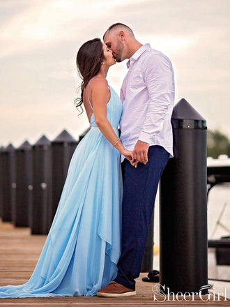 Thigh Split Sky Blue Rustic Wedding Dresses Beach Wedding Gown with Court Train ARD1325-SheerGirl