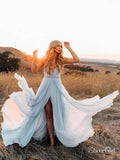 Thigh Split Sky Blue Rustic Wedding Dresses Beach Wedding Gown with Court Train ARD1325-SheerGirl