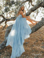 Vestidos de novia rústicos azul cielo con abertura en el muslo, vestido de novia de playa con cola de corte ARD1325 