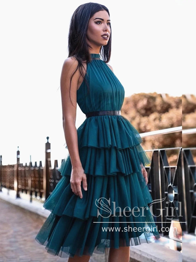 Tiered Tulle Short Prom Dress Short Party Dress Halter Neck Homecoming Dress ARD2829-SheerGirl