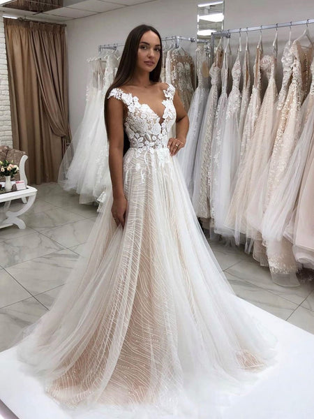 Timeless Lace Sparkly Sequins Tulle A-Line Wedding Dress with Floral Appliques Wedding Gown AWD1671