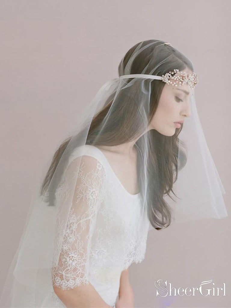 Traditional Drop Veil Blusher Wedding Veil with Crystal Headpiece ACC1055-SheerGirl