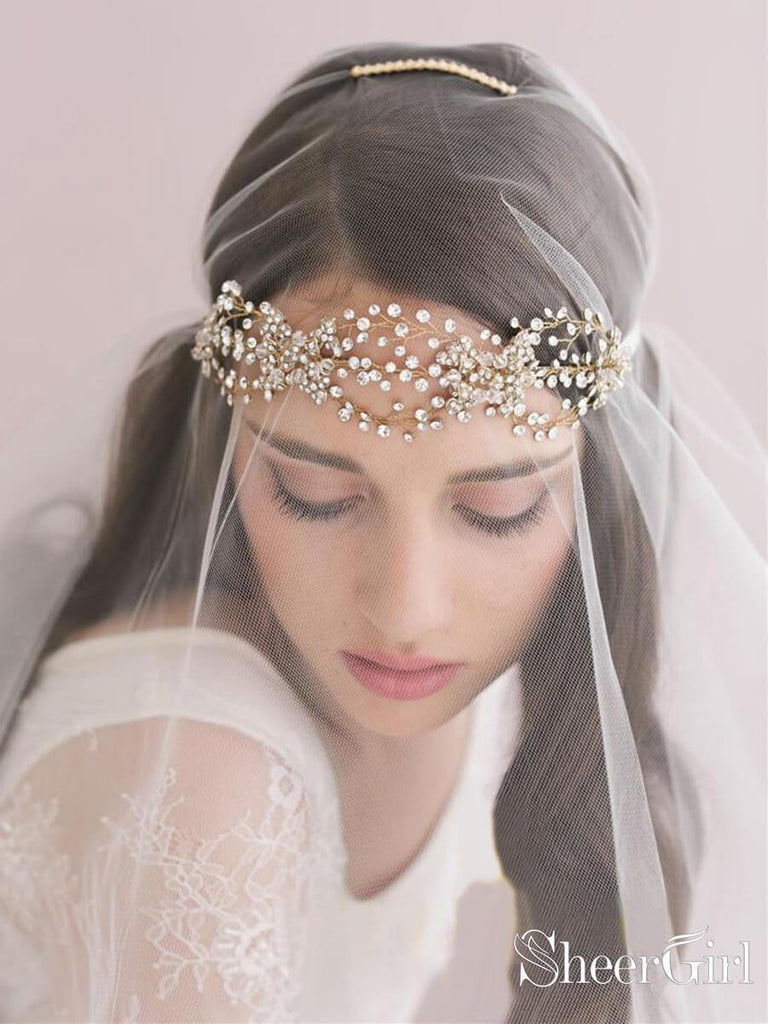 Traditional Drop Veil Blusher Wedding Veil with Crystal Headpiece ACC1055-SheerGirl