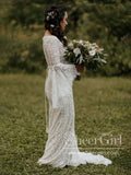 Trumpet Long Sleeve Lace Wedding Dresses Lace Up Back Beach Wedding Dress AWD1785-SheerGirl