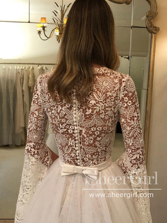 Trumpet Sleeves Floral Lace Wedding Dresses with Detachable Train AWD1933-SheerGirl