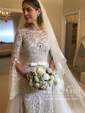 Trumpet Sleeves Floral Lace Wedding Dresses with Detachable Train AWD1933-SheerGirl