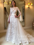Trumpet Sleeves Floral Lace Wedding Dresses with Detachable Train AWD1933-SheerGirl