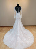 Trumpet/Mermaid Long Sleeves Lace Wedding Dresses Illustion Neck Rustic Wedding Dress AWD1764-SheerGirl
