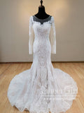 Trumpet/Mermaid Long Sleeves Lace Wedding Dresses Illustion Neck Rustic Wedding Dress AWD1764-SheerGirl