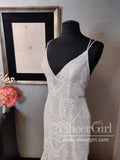 Trumpet/Mermaid Spaghetti Straps Lace Wedding Dresses V Neck Rustic Wedding Dress AWD1752-SheerGirl