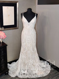 Trumpet/Mermaid Spaghetti Straps Lace Wedding Dresses V Neck Rustic Wedding Dress AWD1752-SheerGirl