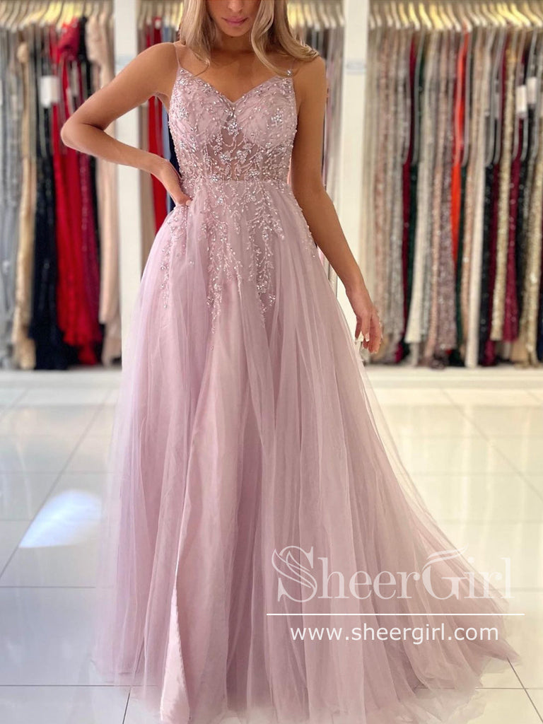 Tulle Long Evening Dress See Through Beaded Bodice A-Line Prom Dress with Thigh Split ARD2856-SheerGirl