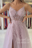 Tulle Long Evening Dress See Through Beaded Bodice A-Line Prom Dress with Thigh Split ARD2856-SheerGirl