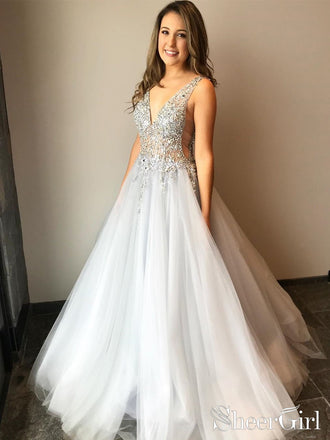 Tulle V Neck Ball Gown with Re-Embroidered Lace Appliques Wedding Dresses AWD1679-SheerGirl