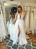 Tulle Wedding Dress with Deep V-Neck Lace Bodice High Slit Bridal Dress AWD1726-SheerGirl