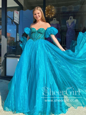 Turguoise Organza Princess Dress with Beading Bodice Ball Gown Prom Dress ARD2883-SheerGirl