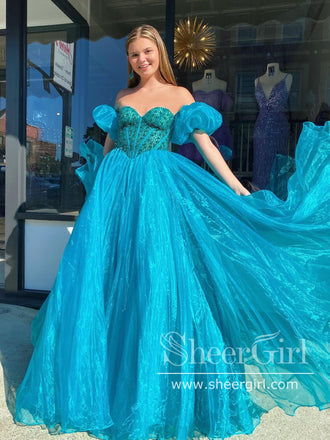 Turguoise Organza Princess Dress with Beading Bodice Ball Gown Prom Dress ARD2883-SheerGirl