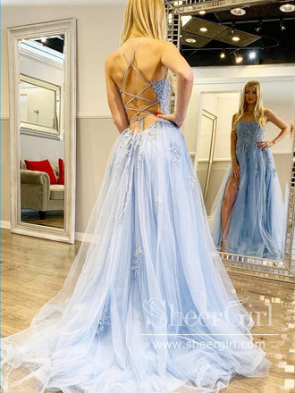 Turquoise Spaghetti Straps High Slit Evening Dress Appliqued Sweep Train Long Prom Dress ARD2555-SheerGirl