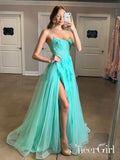 Turquoise Spaghetti Straps High Slit Evening Dress Appliqued Sweep Train Long Prom Dress ARD2555-SheerGirl