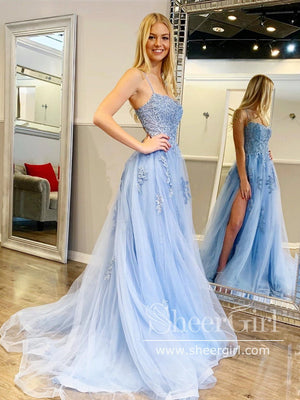 Turquoise Spaghetti Straps High Slit Evening Dress Appliqued Sweep Train Long Prom Dress ARD2555-SheerGirl