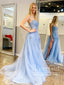 Turquoise Spaghetti Straps High Slit Evening Dress Appliqued Sweep Train Long Prom Dress ARD2555
