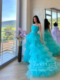 Turquoise Strapless Ruffle Tulle High Low Ball Gown Tiered Simple Prom Dress ARD2881-SheerGirl