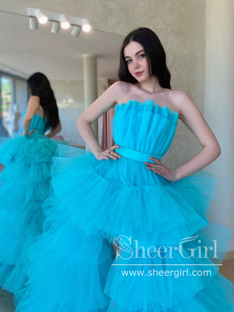 Mermaid Straps Sweep Train Turquoise Tulle Prom Dress with Appliques A –  BallGownBridal